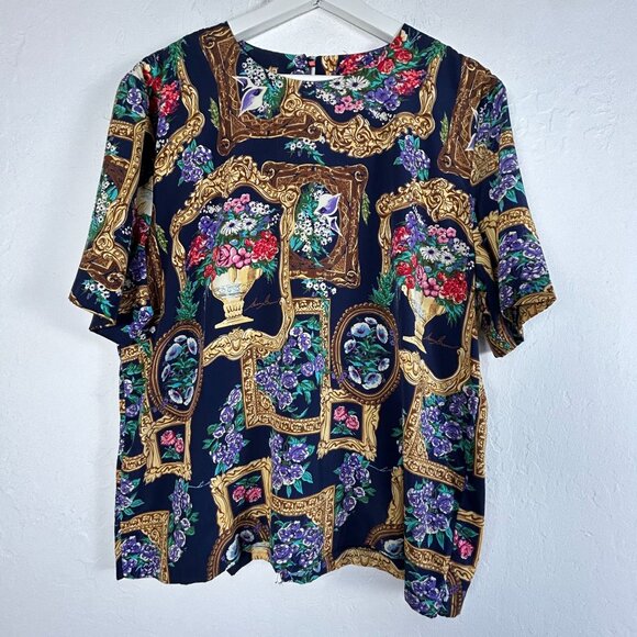 Vintage S.G. Sport Collection Womens Floral & Gold Frame Print Top Large 14/16 - Picture 1 of 7